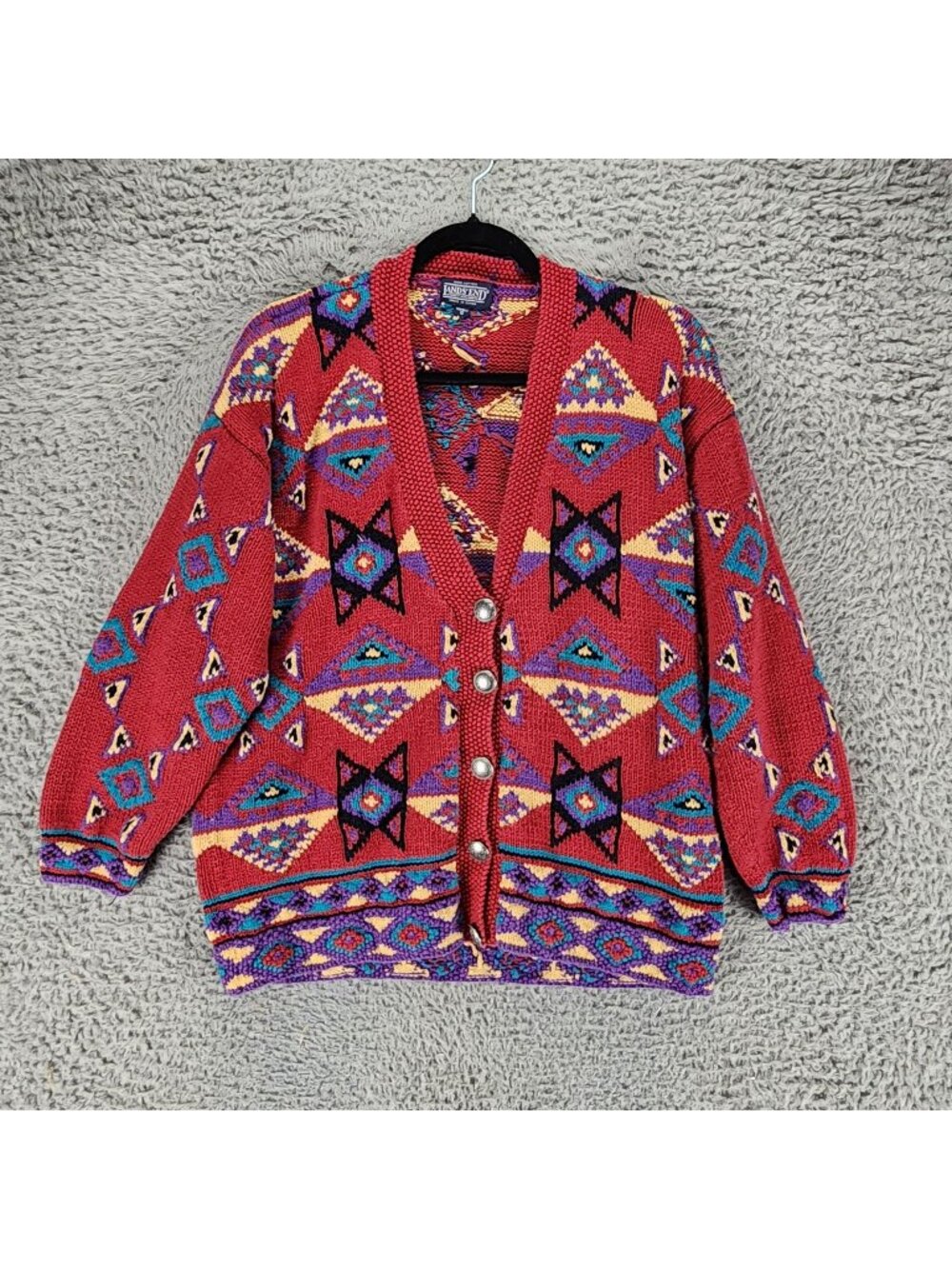 Lands End Sweater Womens Small Red Southwestern Vintage Cardigan